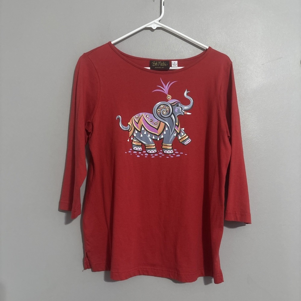 Vintage Bob Mackie Wearable Art Women's Small Elephant Graphic Top Boho Festival